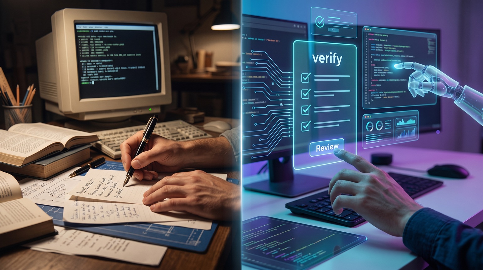 Un flujo de trabajo bajo responsabilidad humana que conecta intención, ejecución de agentes, evidencia y verificación